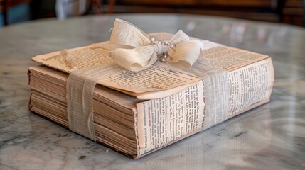 moment of anticipation, with a beautifully wrapped gift box sitting atop an aged book, under the soft glow of ambient light