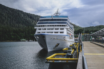 Classic luxury cruiseship cruise ship liner Regatta in Ward Cove port near Ketchikan with...