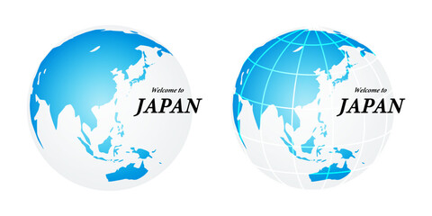 シンプルな青い地球のアイコン、ようこそ日本への英語文字。グローバルビジネスのデザインマーク、ベクターイラストアイコン素材 - obrazy, fototapety, plakaty