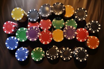 overhead view of a colorful poker chip arrangement on a table - Powered by Adobe