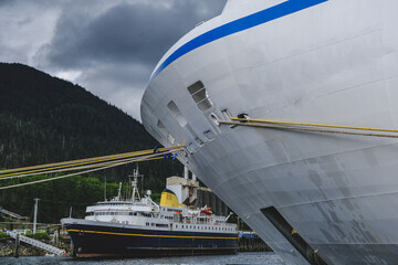 Classic luxury cruiseship cruise ship liner Regatta in Ward Cove port near Ketchikan with...