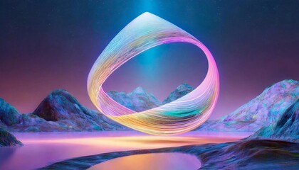Abstract holographic shape surrounded by rocky mountains. Futuristic masterpiece. 3D rendering.