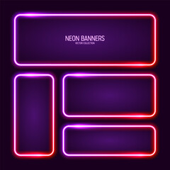 Glowing neon banners, illuminated colorful square frames. Shiny vibrant border, glow effect. Purple vintage retro lights, night illumination. Modern futuristic UI design elements. Vector illustration