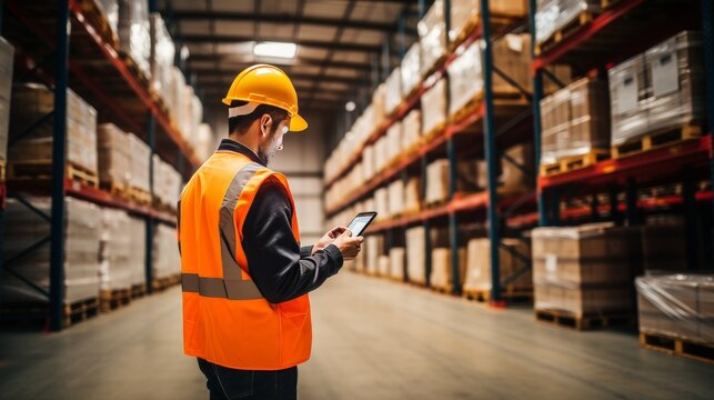 Warehouse manager using software to check delivery and stock on computer and phone with contractor