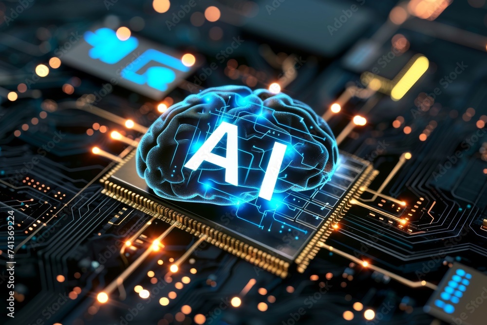 Poster ai brain chip visionary impact. artificial intelligence keyboard mind biocompatible implants axon. s