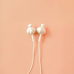 Conceptual minimal artwork of a garlic in the style of wired white earphones isolated on the pastel peach color background. Urban music art wallpaper