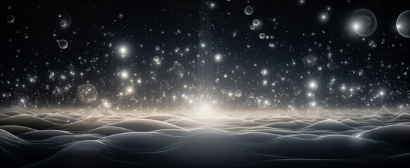 Ethereal cosmic landscape with glowing orbs and light streams