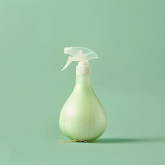 Conceptual design of an onion in the style of a bottle with spray on the pastel natural green background. Minimalism, Cleaning product conceptual design wallpaper