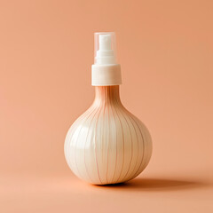 Conceptual design of an onion in the style of a fragrance bottle with spray on the pastel peach background. Minimalism, Fashion artwork wallpaper