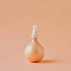 Conceptual design of an onion in the style of a perfume bottle with spray on the pastel peach background. Minimalism, Fashion artwork wallpaper