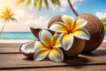 Poster Still life with tropical coconut and plumeria flowers on wooden © Andrey