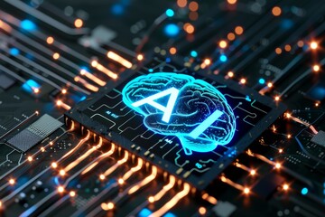 AI Brain Chip theta waves. Artificial Intelligence awareness mind single instruction axon. Semiconductor mental strength circuit board iaas - obrazy, fototapety, plakaty
