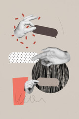 Vertical collage picture of black white colors people arms fingers hold dialogue bubble chatting...