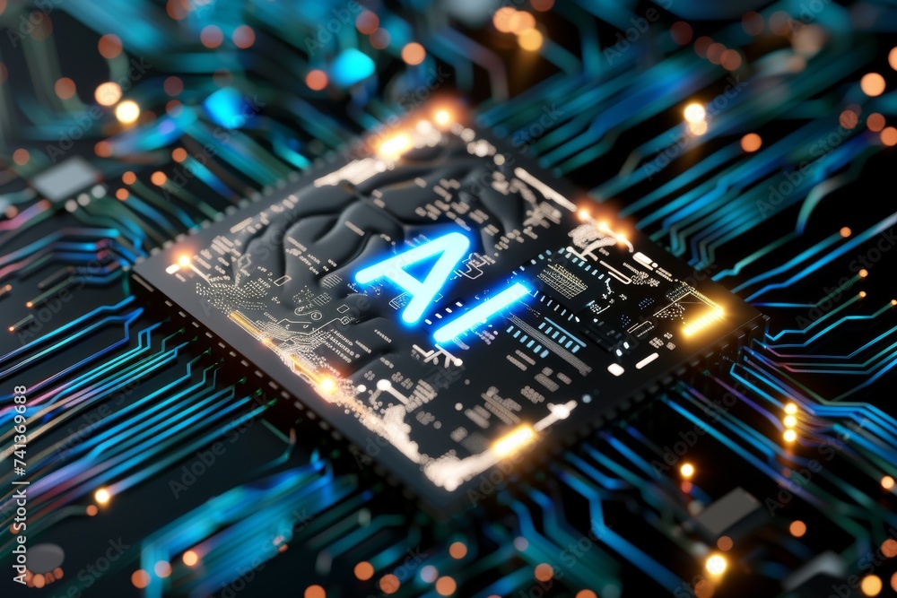 Poster ai brain chip cognitive flexibility. artificial intelligence dac circuits mind ar axon. semiconducto
