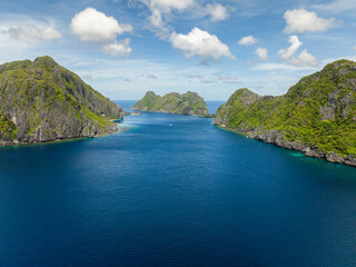 Tropical landscape of blue sea and Islands in El Nido, Palawan. Philippines.
