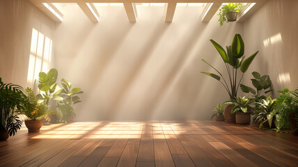 modern contemporary loft, empty and adorned with select plants on a wooden floor. - obrazy, fototapety, plakaty
