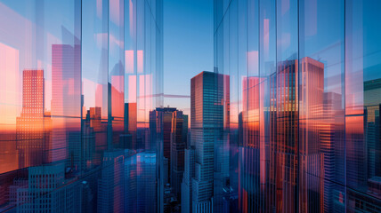 An early morning panoramic skyline where buildings with reflective glass windows capture the serene blue of the dawn sky.