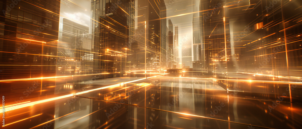 Poster futuristic city with glowing lights and high-speed data network, showcasing urban technology and com