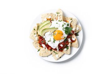 Traditional Mexican breakfast red chilaquiles with egg isolated on white background. Top view