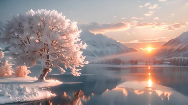 Frozen tree, glowing sunbow, sparkling snow, wide-angle sunrise with lenticular clouds.generative ai