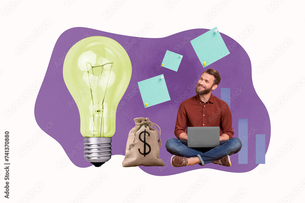 Poster Creative image drawing collage of successful business man using netbook for creating innovative strategy for earnings