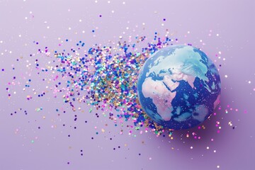 shiny glitter earth with confetti on a pastel purple background for Earth Day