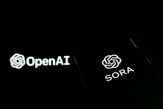 Openai Sora logo is displayed on a smartphone screen. OpenAI announced Sora artificial intelligence, which transforms text into video