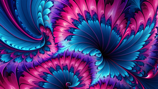 Fototapeta crinkle cut pulse in blue pink and violet a digital abstract fractal image. fractal flower background. abstract background