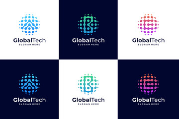 Initial letter A, B, C logo with global technology logo design vector - obrazy, fototapety, plakaty