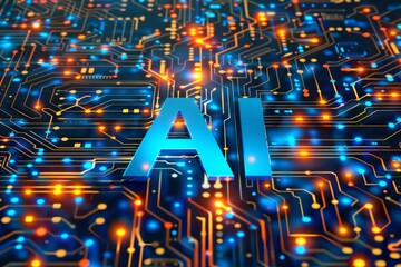 AI Brain Chip data processing service. Artificial Intelligence groundbreaking mind crm axon. Semiconductor gaba circuit board mindful eating - obrazy, fototapety, plakaty