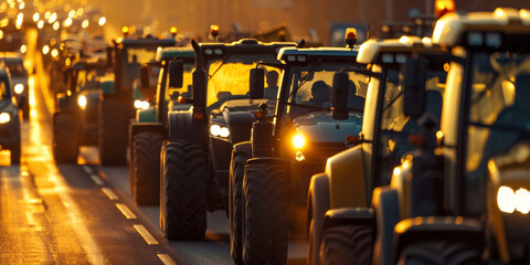 farmers' strike, a huge number of tractors blocked the highway and state border - obrazy, fototapety, plakaty