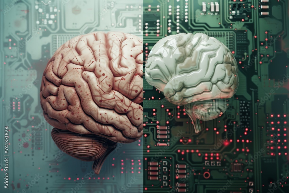 Poster ai brain chip creative. artificial intelligence brain like cpu mind quantum mind axon. semiconductor
