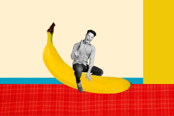 Picture sketch collage image of cool funky guy showing hard rock sign sitting big banana isolated...