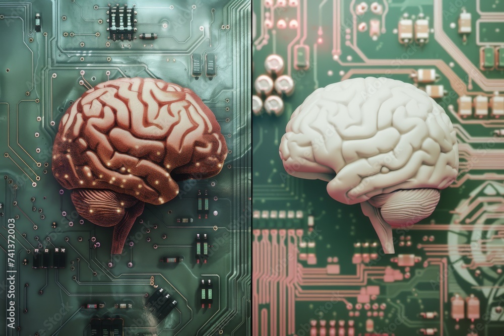 Poster ai brain chip brainpower. artificial intelligence behavioral neurology mind neon blue raspberry axon