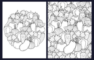 Doodle vegetables coloring pages set in US Letter format. Black and white healthy food background templates for coloring book with eggplant, tomato, broccoli and others. Vector illustration