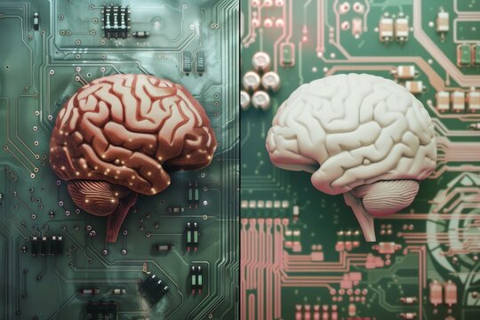 AI Brain Chip brainpower. Artificial Intelligence behavioral neurology mind neon blue raspberry axon. Semiconductor grit circuit board nuclei