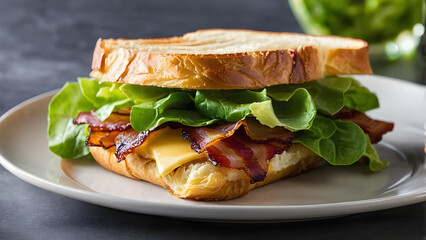 toasted croissant sandwich with bacon lettuce and cheese on a plate. sandwich with ham and cheese
