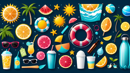 in this illustration image, there is a set of isolated summer beach icons representing various summer items - obrazy, fototapety, plakaty