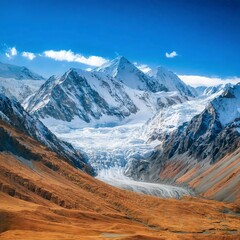 Panoramic view of a glacier on a high-altitude plateau. Panorama of the glacial mountain valley in autumn