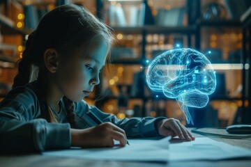 Young Girl Studying with Advanced AI Brain Projection Illuminating Concepts