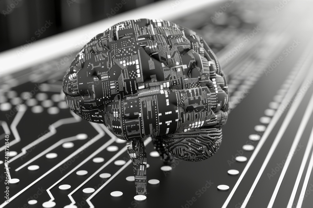 Poster ai brain chip mpp. artificial intelligence 3d integration mind neon kiwi green axon. semiconductor c