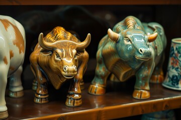 Fototapeta premium ceramic bull and bear on a stock market analysts shelf