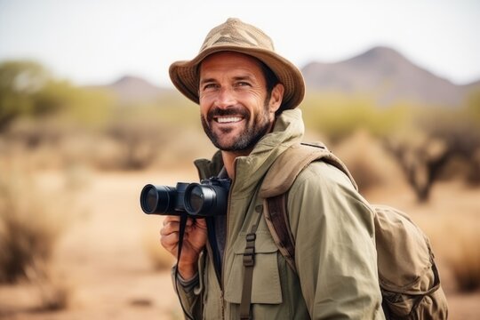 Portrait of a smiling hiker holding binoculars in the desert