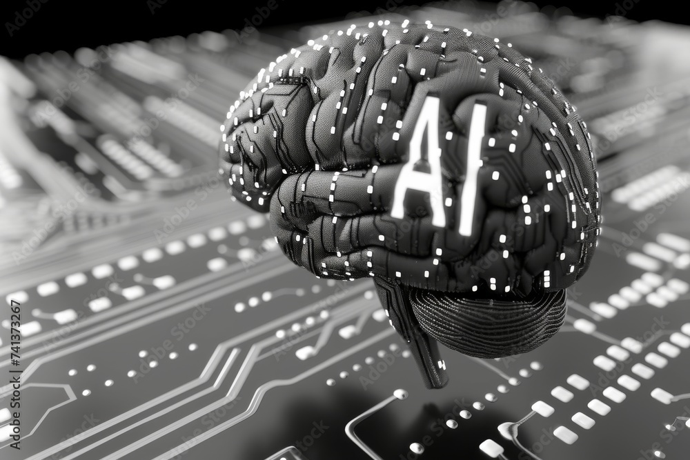 Poster ai brain chip multiple data. artificial intelligence lithography mind surge protector axon. semicond