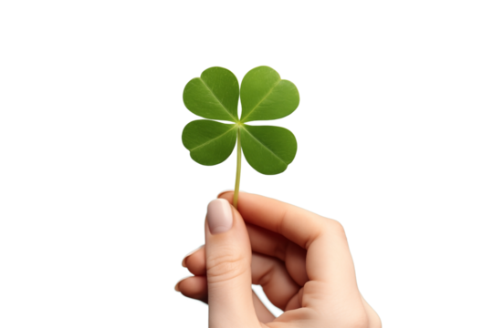 Woman Holding Green Four-Leaf Clover on Transparent Background