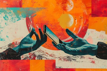 Vibrant Art Collage with Bird, Hands, and Smartphone Highlighting Social Media Connectivity