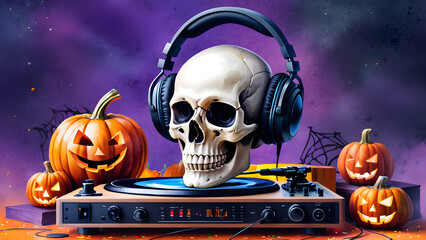 watercolor skull skeleton dj headphones in Halloween party playing to music Halloween  day dj with headphones