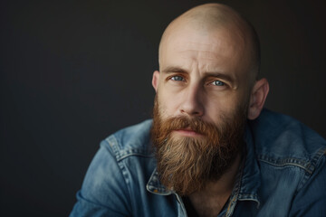 Obraz premium Bald Man in Denim Jacket Looking at Camera