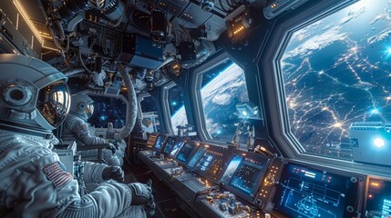 Space station interior with astronauts and holographic technology, zero gravity, high-tech equipment, panoramic windows showing stars