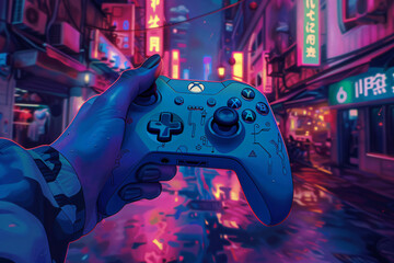 hands playing with video game controller on top of a neon city background